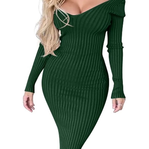 💕 GREEN Women's Sexy Long Sleeve Off Shoulder Knit Bodycon Long Dress *NEW* - Picture 2 of 3